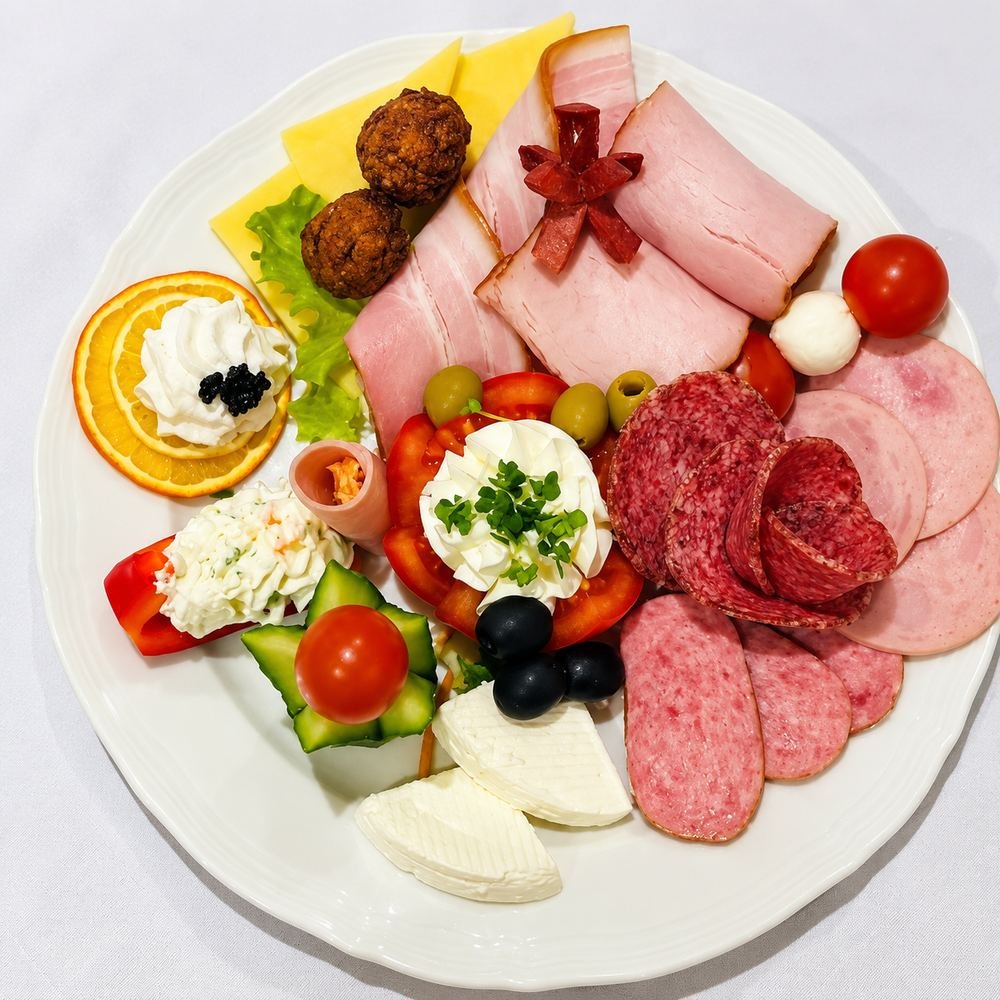 Platou de aperitiv cu mezeluri, brânzeturi, măsline și legume